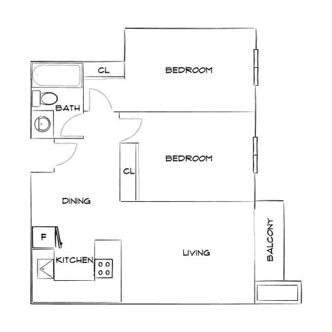 Charming floor plan with two cozy bedrooms, a bright living area, kitchen, and private balcony, ideal for comfortable living.