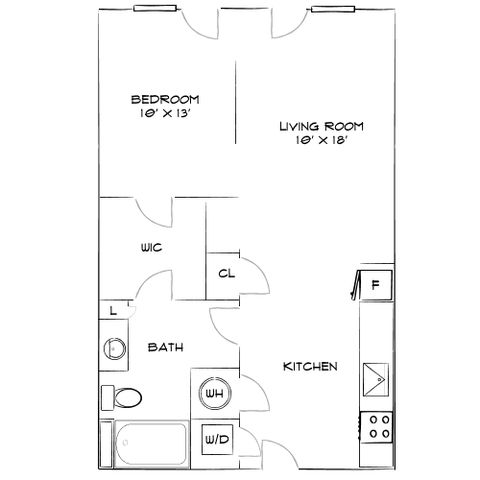 Contemporary floor plan highlighting a spacious 1-bedroom apartment with a large living room, modern kitchen, and full bath, featuring a walk-in closet and washer/dryer setup.