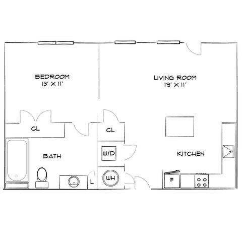 Modern 2D floor plan showcasing a cozy 1-bedroom layout with an expansive living room, functional kitchen, and convenient bath area.