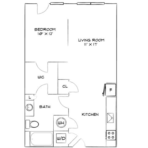 Modern floor plan showcasing a spacious 1-bedroom apartment with a large living room, well-equipped kitchen, and convenient bath layout.