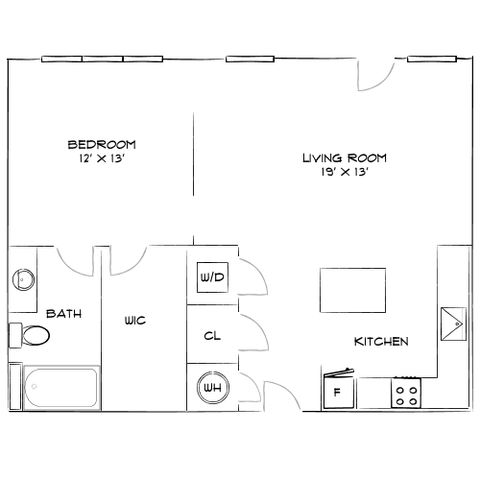 Inviting apartment floor plan showcasing 1 bedroom, a spacious living room, and modern kitchen layout.