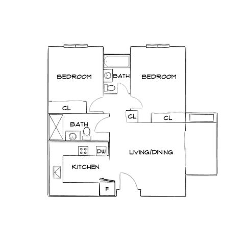 Charming floor plan showcasing 2 bedrooms, 2 bathrooms, and a combined living/dining area with a modern kitchen.
