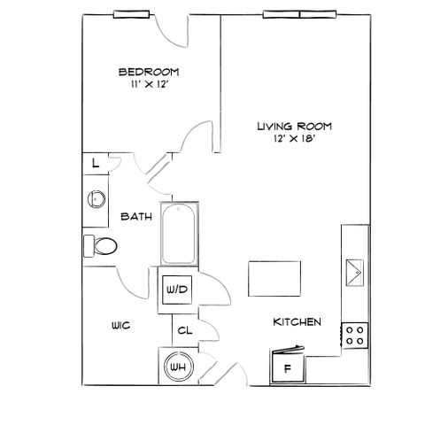 Efficient floor plan showcasing a spacious 1-bedroom apartment with an open living room, modern kitchen, and convenient bathroom layout.