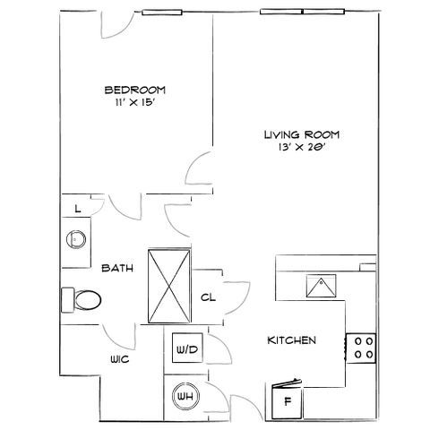 Modern 1-bedroom apartment floor plan featuring a spacious living room, fully-equipped kitchen, and convenient in-unit washer/dryer.