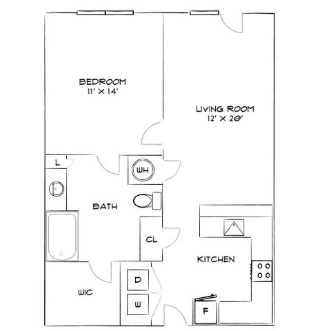 Modern floor plan showcasing a spacious bedroom, open-concept living room, and functional kitchen with adjacent bath and laundry area.