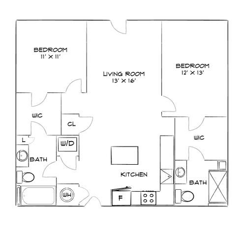 Charming floor plan with 2 bedrooms, welcoming living room, and modern kitchen for a cozy home feel.