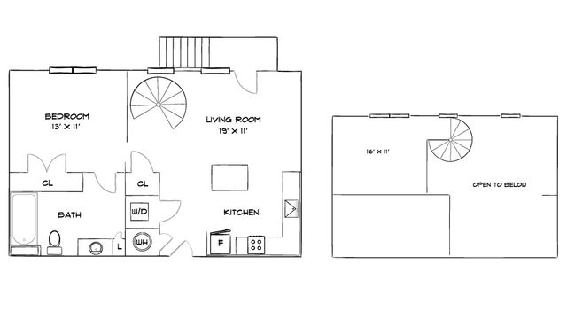 Modern duplex floor plan highlighting a cozy 1-bedroom, an open living room with spiral staircase, and a stylish kitchen with adjacent bath.