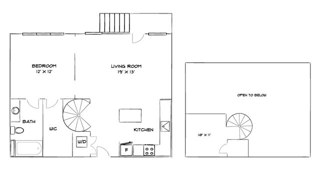 Charming floor plan featuring a spacious 19x13 living room, elegant spiral staircase, and a cozy 12x12 bedroom.