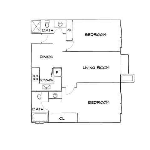 Charming floor plan with 2 cozy bedrooms, a spacious living room, and a modern kitchen and dining area, featuring convenient bathrooms and ample closet space.