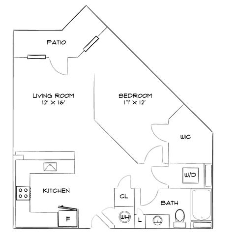 Modern apartment floor plan featuring a spacious living room with patio access, a comfortable bedroom with walk-in closet, a well-equipped kitchen, and a bathroom with laundry facilities.