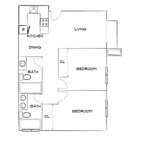 Modern floor plan showcasing two bedrooms, two baths, open living area, and kitchen with dining space.