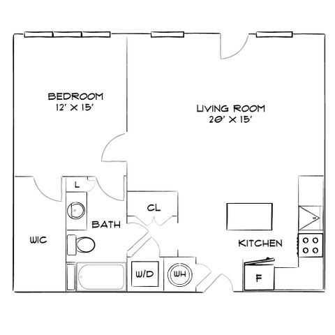 Modern open-concept floor plan with spacious living room, well-appointed kitchen, and cozy bedroom.
