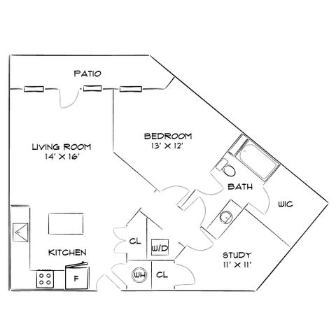 Inviting floor plan featuring a cozy bedroom, study room, open kitchen, spacious living room, and patio, ideal for modern living.