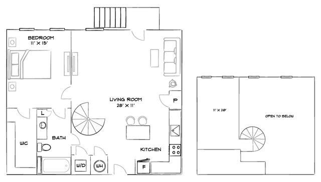 Charming 2-story floor plan with a spacious living room, modern kitchen, and cozy bedroom, featuring an open loft space perfect for a creative retreat.