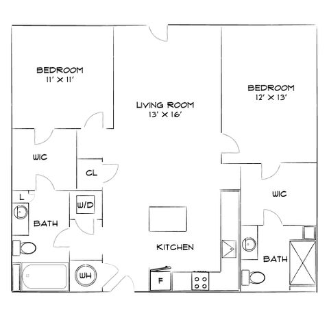 Modern floor plan showcasing 2 spacious bedrooms, 2 baths, a large living room, and an open kitchen layout.