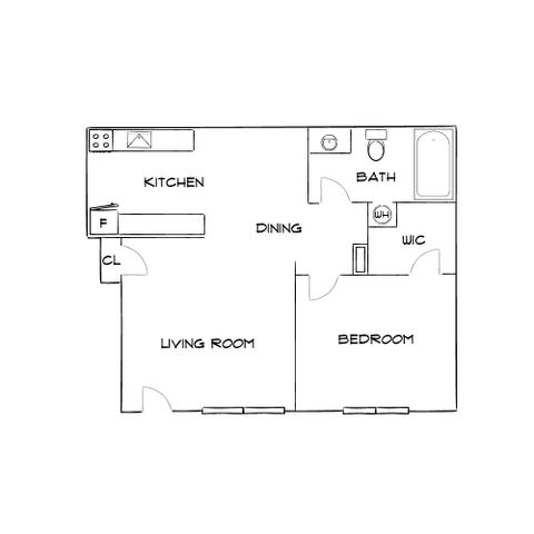 Charming 1-bedroom apartment floor plan featuring a spacious living room, modern kitchen, and convenient walk-in closet.