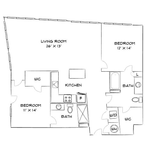 Contemporary floor plan showcasing a spacious living room, two bedrooms, kitchen, and dual bathrooms, perfect for modern living.
