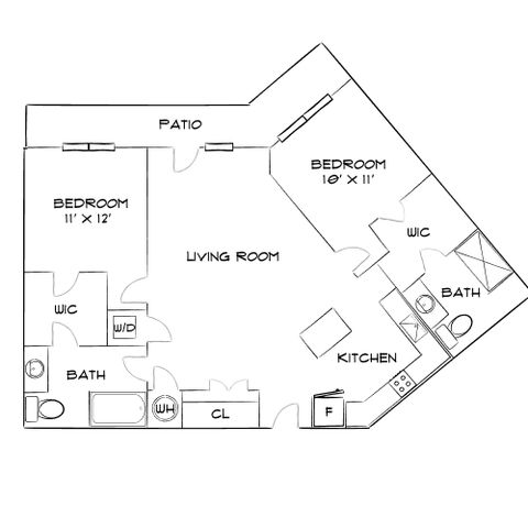 Chic floor plan with two cozy bedrooms, a spacious living area, and a modern kitchen leading to a patio.