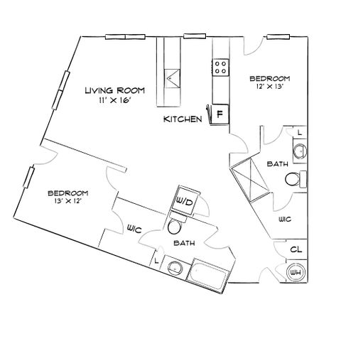 Modern floor plan with 2 bedrooms, spacious living room, open kitchen, and two bathrooms, perfect for comfortable living.