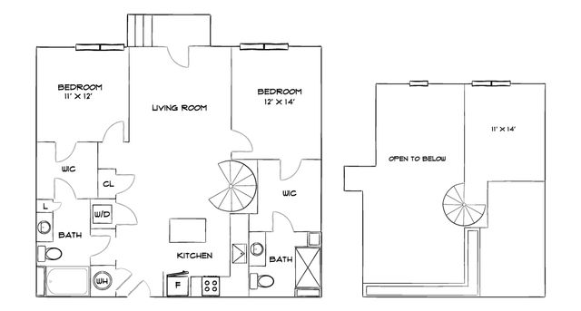 Elegant 2D floor plan showcasing two spacious bedrooms, an open-concept living room, a modern kitchen, and two stylish bathrooms with spiral staircase, offering a contemporary living space.