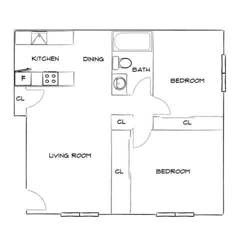 Charming floor plan featuring two bedrooms, a combined living and dining area, and a functional kitchen.