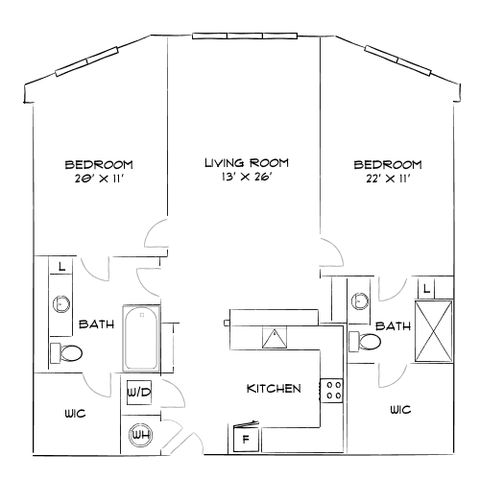 Spacious floor plan featuring two large bedrooms, a central living room, and a modern kitchen design.