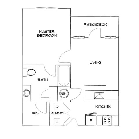 Modern 1-bedroom apartment floor plan featuring spacious living area, kitchen, laundry, and private patio/deck.