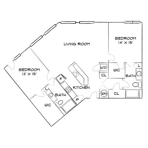 Modern floor plan showcasing 2 spacious bedrooms, an expansive living room, and a well-equipped kitchen with stylish design.