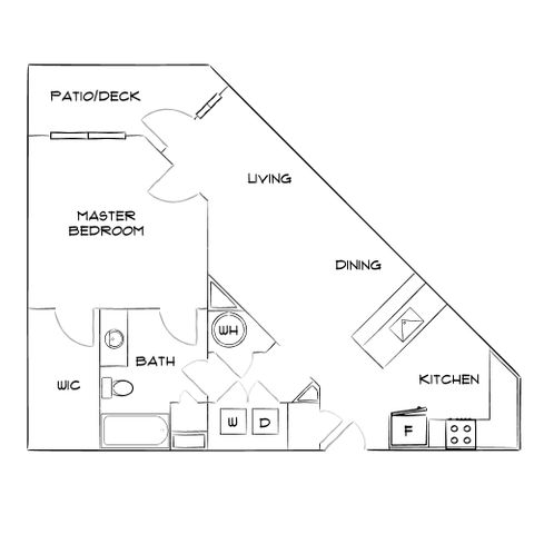 Modern 1-bedroom floor plan with open living and dining areas, a spacious kitchen, and a private patio/deck.
