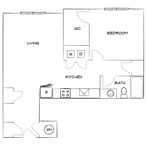 Contemporary apartment floor plan featuring a spacious living area, modern kitchen, one bedroom, and bathroom with walk-in closet.