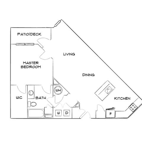 Elegant floor plan showcasing a master bedroom with patio access, open living and dining area, and modern kitchen layout.