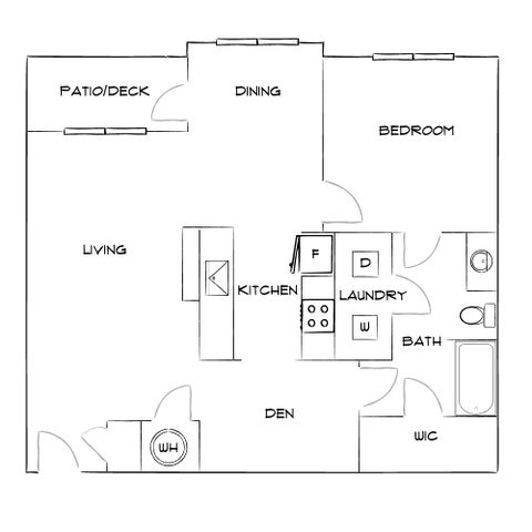 Modern floor plan showcasing a spacious bedroom, open living and dining areas, cozy den, efficient kitchen, and a patio deck.