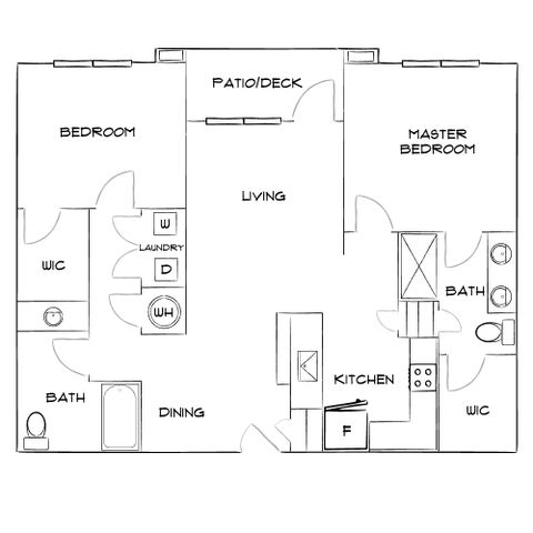 Elegant 2D floor plan featuring a master bedroom, additional bedroom, open living area, modern kitchen, and spacious patio/deck.