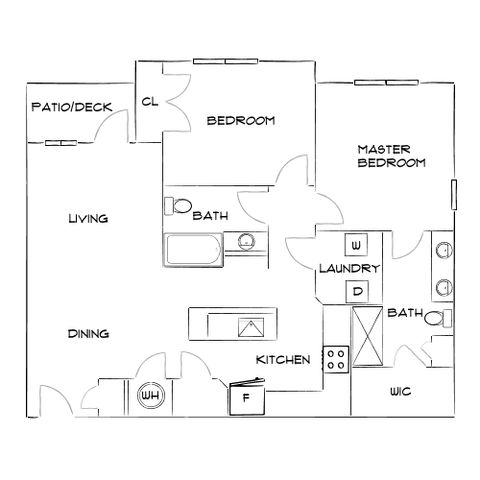 Charming 2D floor plan with master bedroom, additional bedroom, stylish kitchen, spacious living and dining area, and patio access.