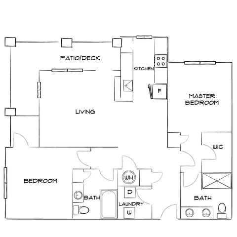 Modern floor plan with 2 bedrooms, master suite with walk-in closet, open living area, and patio deck.