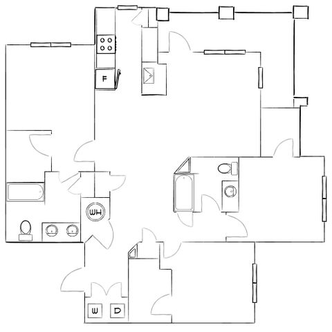 Modern 2D floor plan showcasing 2 bedrooms, 2 bathrooms, a kitchen, and open living areas with efficient layout.