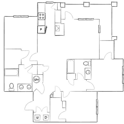 Contemporary floor plan showcasing 2 bedrooms, 2 bathrooms, a sleek kitchen, and an airy living area designed for modern comfort.