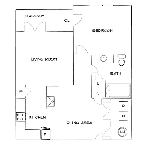 Inviting floor plan showcasing a spacious bedroom, open living and dining area, modern kitchen, and private balcony.