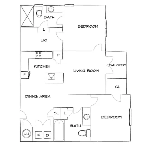 Elegant floor plan showcasing 2 bedrooms, a modern kitchen, spacious living room, and a private balcony.