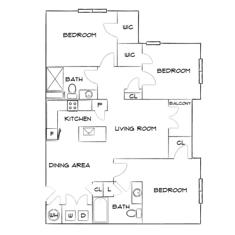 Modern apartment floor plan with 3 bedrooms, open kitchen, and spacious living room featuring dining area and two full baths.