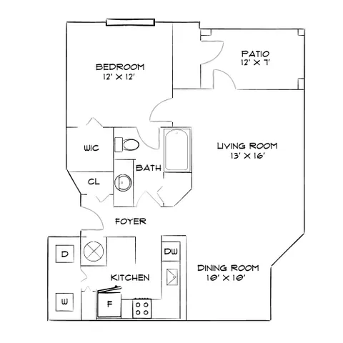Contemporary floor plan featuring a 1-bedroom layout with patio, spacious living room, dining room, and modern kitchen.
