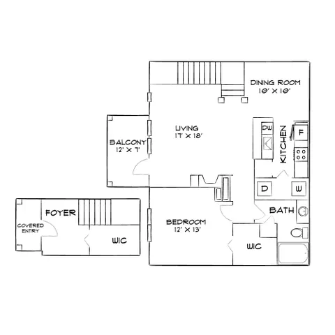 Charming floor plan showcasing 1 bedroom, spacious living room, and modern kitchen with convenient balcony access.