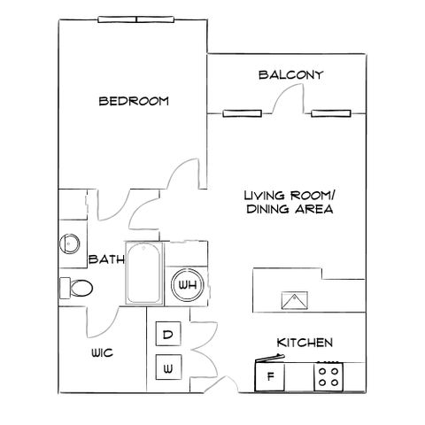 Modern floor plan featuring a 1-bedroom layout with a seamless living room and dining area, a private balcony, and a stylish kitchen for urban living.