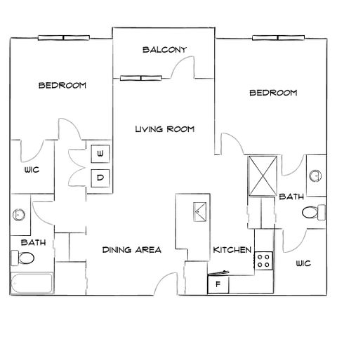 Modern apartment floor plan showcasing 2 bedrooms, a spacious balcony, open-concept living and dining area, and equipped kitchen.