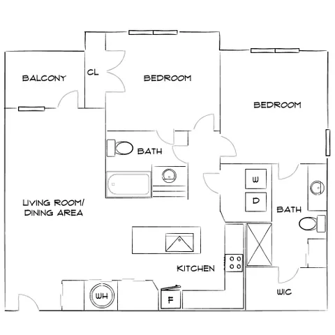 Chic apartment floor plan with two bedrooms, two bathrooms, open living and dining area, modern kitchen, and private balcony.