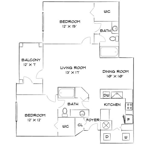 Contemporary floor plan featuring two spacious bedrooms, two bathrooms, a large living room with balcony access, and a dining room adjacent to a modern kitchen. Includes a foyer, walk-in closets, and efficient layout.