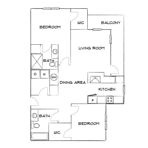 Contemporary floor plan showcasing 2 bedrooms, a spacious living room, dining area, and modern kitchen adjacent to a balcony.