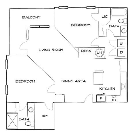 Modern apartment floor plan featuring 2 bedrooms, 2 bathrooms, open-concept living and dining area, and a private balcony.