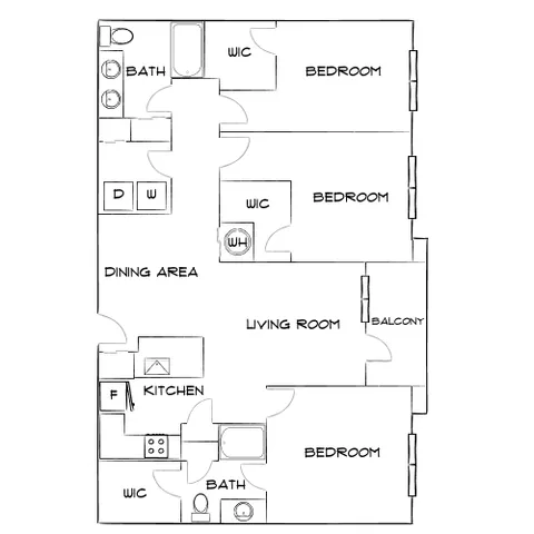 Modern apartment floor plan showcasing 3 bedrooms, open living and dining areas, a well-equipped kitchen, and a balcony.