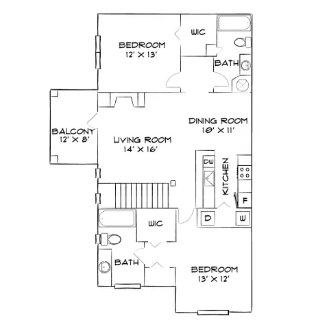 Chic floor plan showcasing 2 bedrooms, a cozy living room, elegant dining area, modern kitchen, and a private balcony, perfect for comfortable living.
